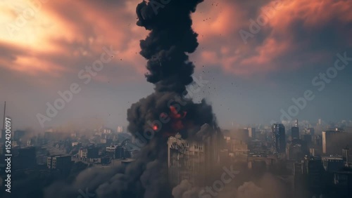 Massive building explosion sending black smoke above city at sunset
 photo