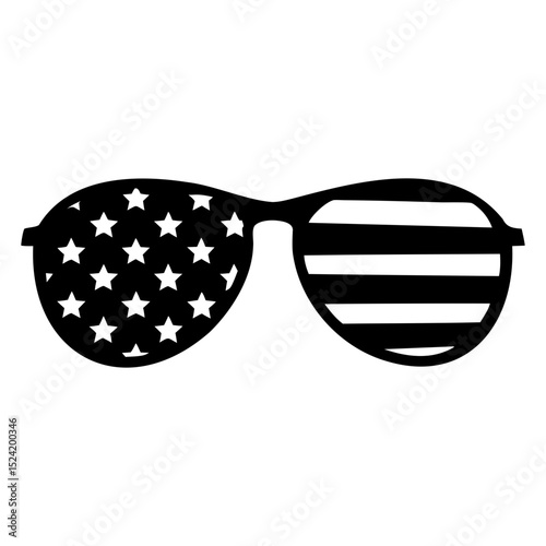 Sunglasses with american flag design featuring stars and stripes in black and white on transparent background