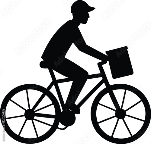 Silhouette of Delivery Boy Riding Bicycle with Parcel. Courier and Logistics Vector Illustration