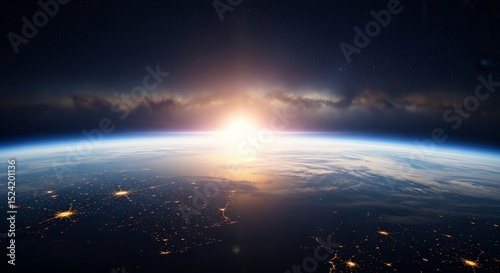 Striking view of Earth from space shows a glowing sunrise and city lights below the atmosphere.