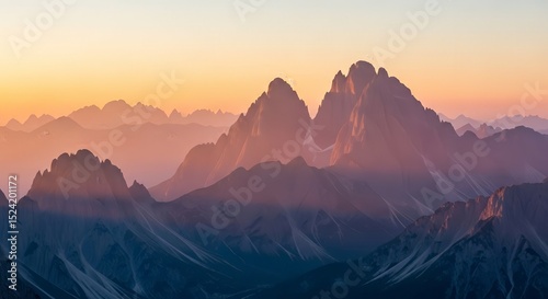 Tranquil mountain range at golden hour evokes a serene, ethereal feeling with hazy peaks.