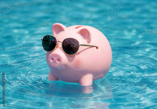 Pink piggy bank enjoys a summer vacation wearing sunglasses in a clear swimming pool