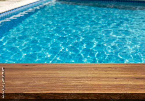Poolside wood table provides a surface with a refreshing outdoor summer background perfect for displays