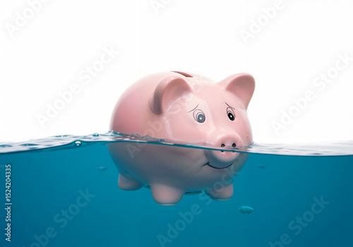 Piggy bank submerges in blue water conveying financial crisis or economic downturn concept