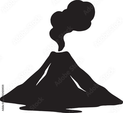 Simple black and white volcano silhouette with erupting smoke cloud represents nature and natural disasters