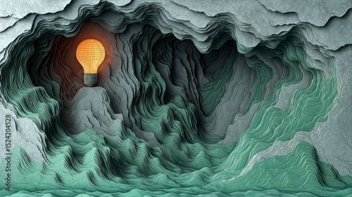 Depiction of a Lit Lightbulb Within Abstract Rock Formations