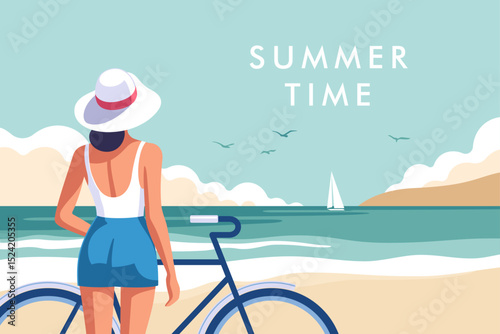Summer time. Concept of summer vacation, weekend and travel. Young woman with a bicycle on the coast against the background of the sea with a sailboat and clouds on the horizon. Vector illustration.