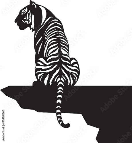 Vector illustration of a majestic tiger silhouette perched atop a cliff with a striking black and white design looking towards the left