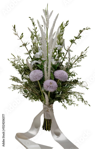 Vector illustration of a rustic vertical bouquet with white veronica flowers, lilac allium blooms and wild greenery, tied with soft ribbon. Natural, elegant and artistic floral composition for eco bra