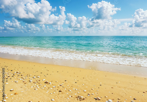 Seashore view showcases a sandy beach with shells under a cloudy blue sky ideal for vacation vibes photo