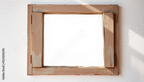 Rustic wooden window frame with weathered paint, sunlight illuminating the blank interior space, offering a tranquil and minimalist aesthetic perfect for design projects.