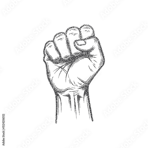 strong fists raised up with retro photocopy stipple effect, for grunge design. Vector illustration in vintage halftone brutalist design for banner or poster