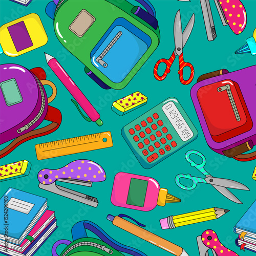 colorful school supplies seamless pattern emerald background education student learning stationery digital illustration design
