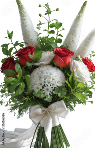 Vector illustration of a bold and elegant wedding bouquet with red roses, white floral accents, vertical white veronica spikes and green foliage. Romantic and passionate composition for weddings 