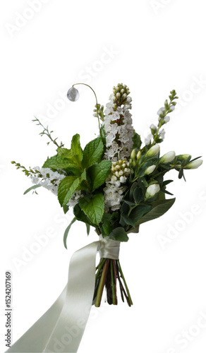 Vector illustration of a minimalist herbal wedding bouquet with small white rosebuds, white delphinium, fresh mint leaves and wild greenery. Clean and elegant floral design for branding and invitation