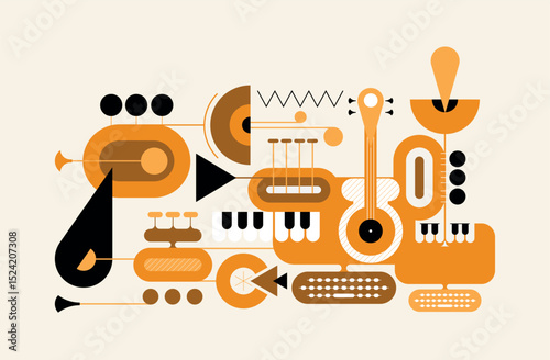 Abstract design of trumpets, guitars, piano and computers. Concert and music festival poster template, sound recording and musical instruments vector illustration isolated on a light background.