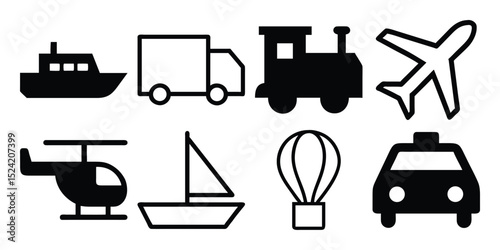 Vector set of construction equipment silhouettes including trucks, tractors, bulldozers, cranes, and forklifts for industrial vehicle illustration and design