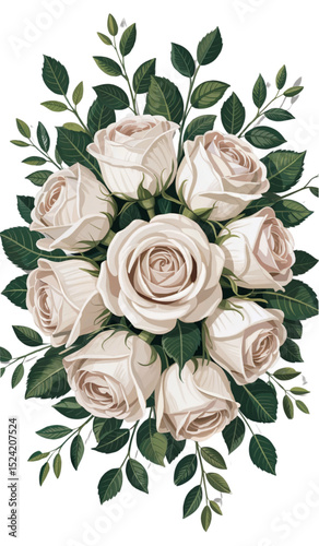 Vector illustration of a classic wedding bouquet made of white roses, small rosebuds, and dark green leaves. Elegant and timeless floral composition for wedding branding and romantic design.
