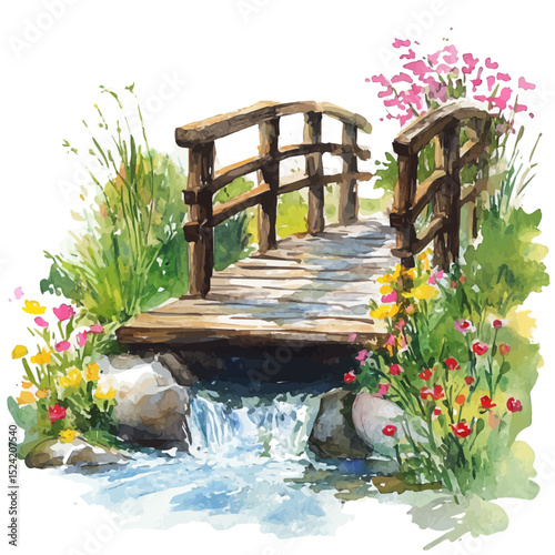 Wooden Bridge Flower Stream, watercolor painting vector, high quality, isolated on a white background.