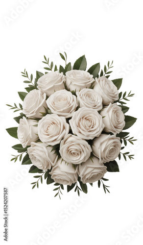 Vector illustration of a classic wedding bouquet made of white roses, small rosebuds, and dark green leaves. Elegant and timeless floral composition for wedding branding and romantic design.