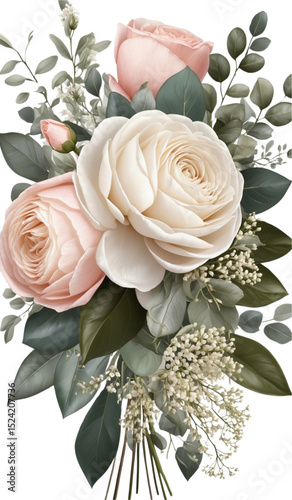 Vector illustration of a romantic bridal bouquet featuring blush pink peonies, soft roses, eucalyptus, and white flowers, tied with satin ribbon. Elegant and gentle wedding design on white background.