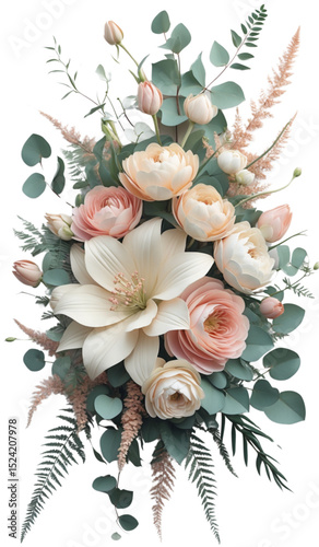 Vector illustration of an elegant pastel bridal bouquet with white lily, blush ranunculus, pale pink roses, eucalyptus, and soft astilbe. Gentle floral composition for wedding design and romantic bran