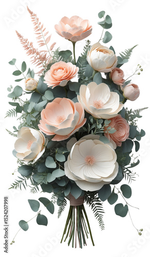 Vector illustration of a romantic bridal bouquet featuring blush pink peonies, soft roses, eucalyptus, and white flowers, tied with satin ribbon. Elegant and gentle wedding design on white background.