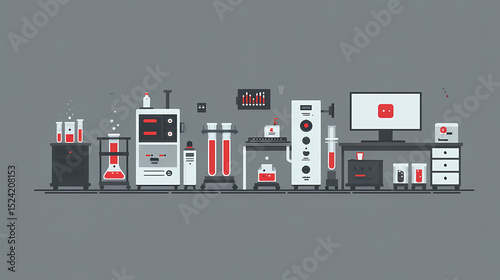 Laboratory Illustration Red Grey Color Scheme Flat Design Science Experiment Concept Medical Research Graphic Chemical Analysis Artwork Scientific Study Visual
