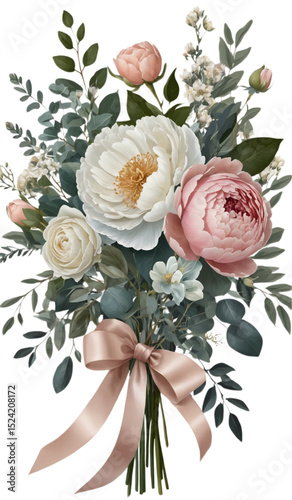 Vector illustration of a romantic wedding bouquet with large white peony, blush pink ranunculus, soft roses and eucalyptus greenery. Elegant floral composition for wedding design and romantic branding