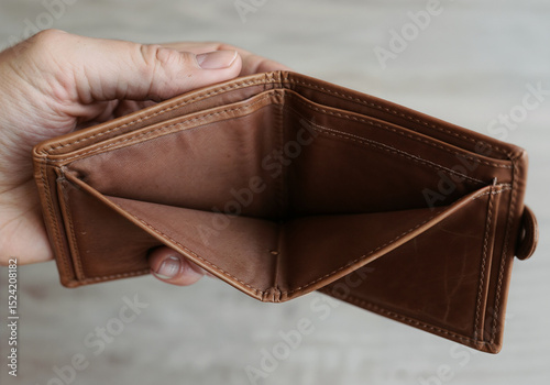 Empty brown wallet reveals its interior held in hand financial concept