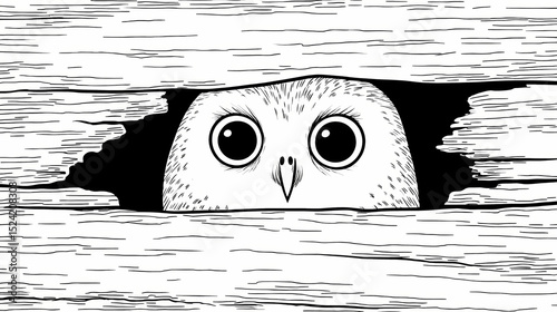 Playful Cartoon Owl Face Peeking from Hollow Tree Whimsical Forest Creature Cute Bird Character Charming Woodland Scene Animated Illustration
