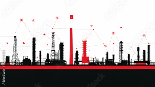 Modern Oil Refinery Red and Black Industrial Complex Energy Sector Illustration AI Data Connection Futuristic Plant Design Petrochemical Industry Visual
