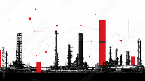 AI-Powered Oil Refinery: Red and Black Industrial Complex, Data Connection Visualization, Modern Energy Production, Smart Factory Concept, Futuristic Infrastructure Design
