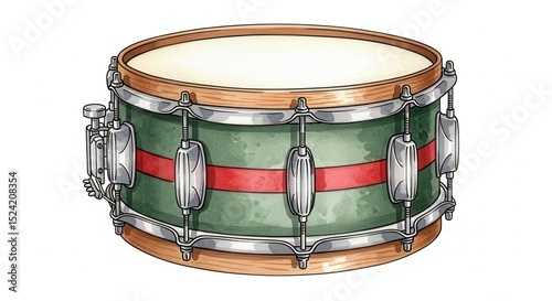 Detailed watercolor painting displays a green snare drum featuring a bright red stripe