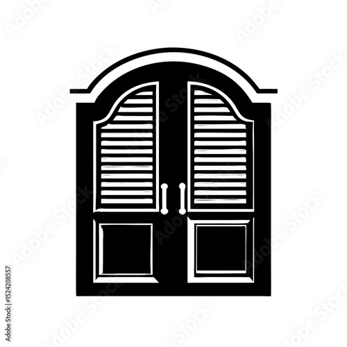 Black and white illustration of a double door with louvered panels and arch top