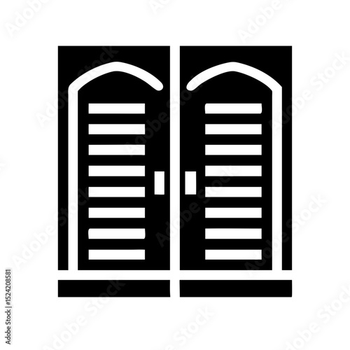 Pair of arched louvered doors icon black and white graphic design element