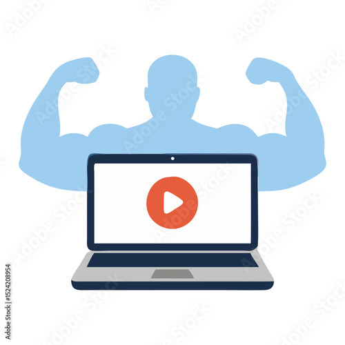 Online fitness video training laptop screen strong biceps muscles