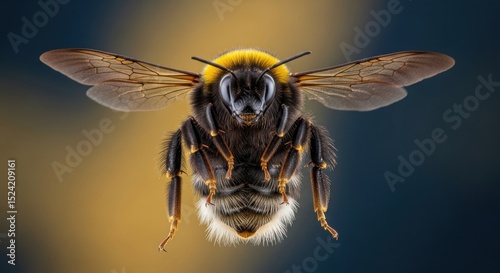 Fuzzy bumblebee with yellow and black hairs showcasing intricate wings faces forward, isolated against the backdrop