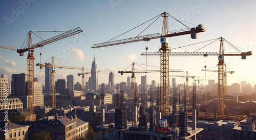 City skyline with construction cranes