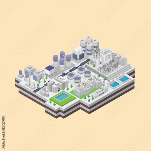 Isometric Illustration of an Industrial Complex Factories, Infrastructure, and Environmental Elements