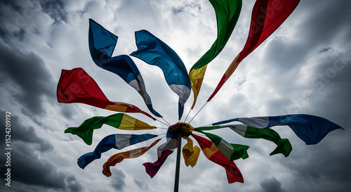 Colorful Flags in Wind Under Overcast Sky