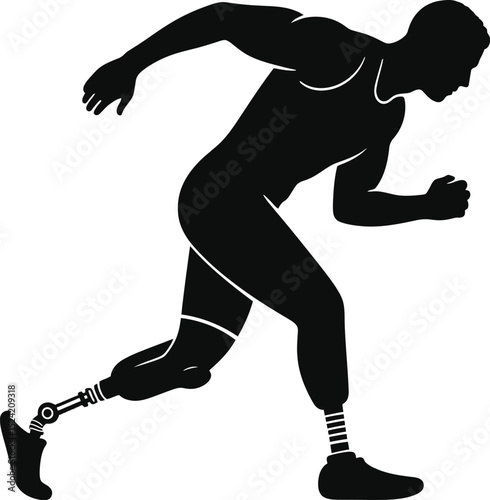 Silhouette of a male athlete running with a prosthetic leg in a dynamic pose on a white background