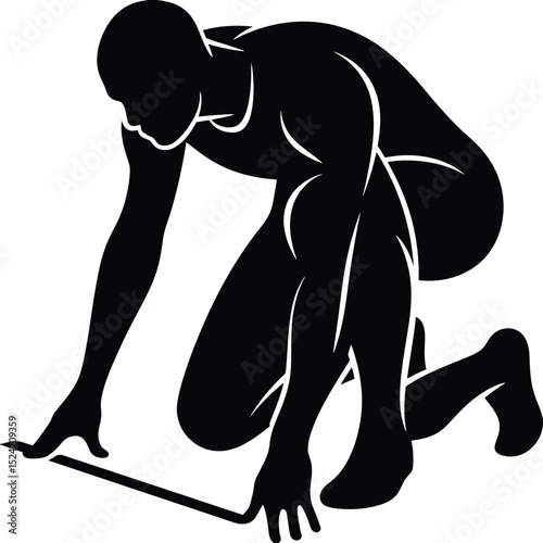A silhouette of a runner in a starting position ready to sprint on a white isolated background view