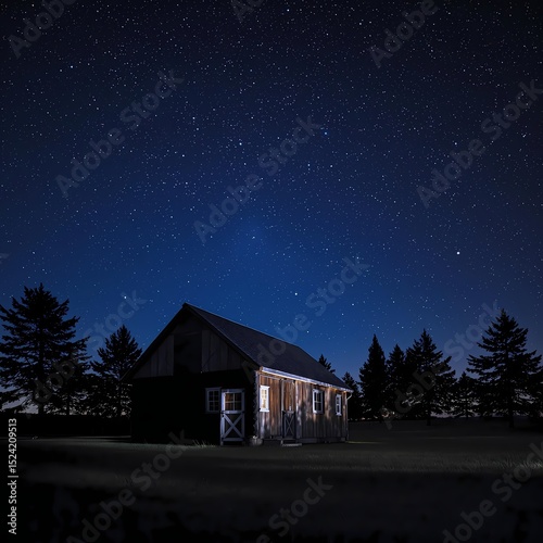 Rustic barn glows beneath a vast, starry night sky
