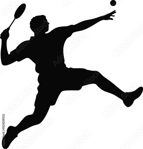 Silhouette of a badminton player in action preparing to serve the shuttlecock with a racket overhead