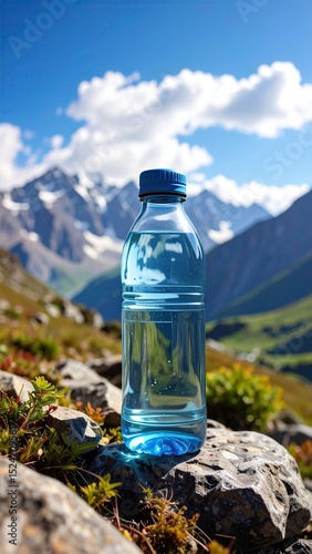 Clear plastic water bottle on mountain rocks