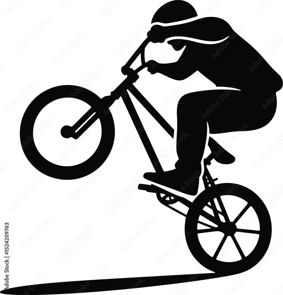Naklejka premium A silhouette of a cyclist performing a wheelie on a bmx bike against a white background image view