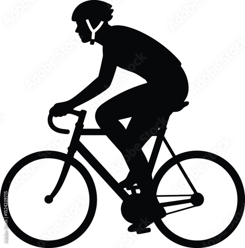 A silhouette of a cyclist wearing a helmet riding a bicycle with curved handlebars on white background