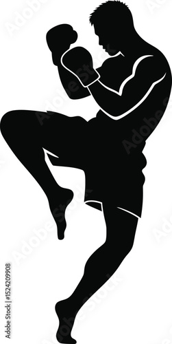 A silhouette of a kickboxer in action with boxing gloves and a knee raised in a combat stance
