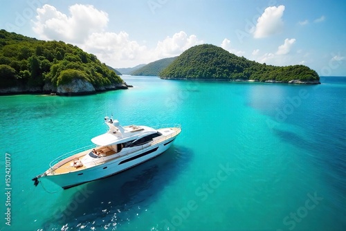 Sun-drenched yacht on turquoise water, surrounded by lush tropical islands Perfect for luxury travel, summer vacation, and high-end lifestyle imagery , escape, wealth, bright